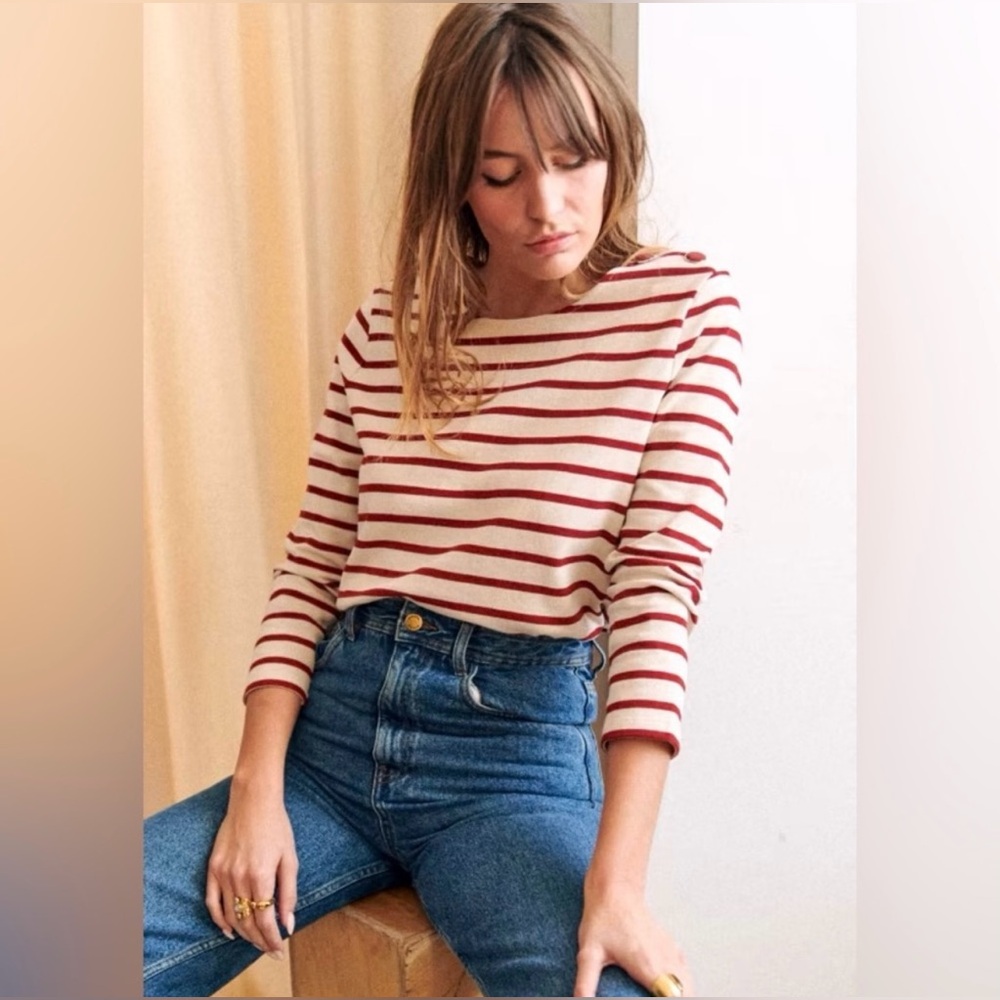 Sezane Mariniere Colette burgandy red ecru tee shirt top xs
